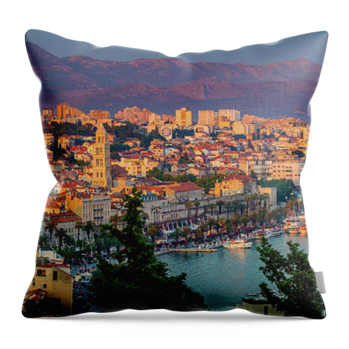Adriatic Sea Throw Pillow featuring the photograph Split Twilight Panorama by Inge Johnsson