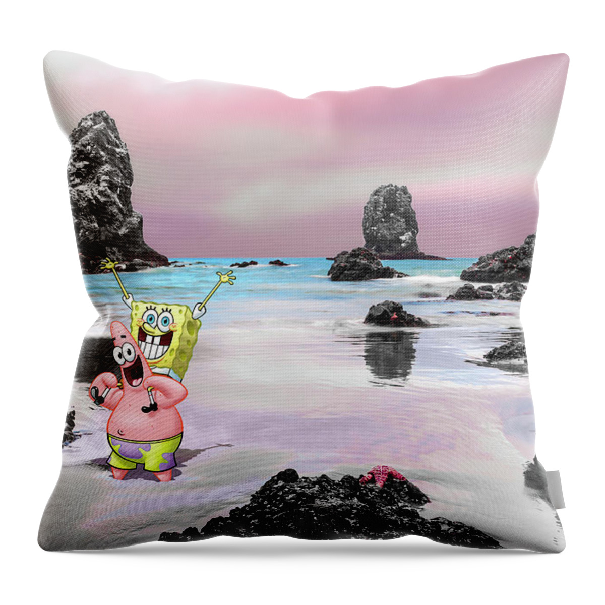 Spongebob Throw Pillow featuring the digital art SpongeBob and Patrick Play in Low TIde at Canon Beach by Scott Campbell