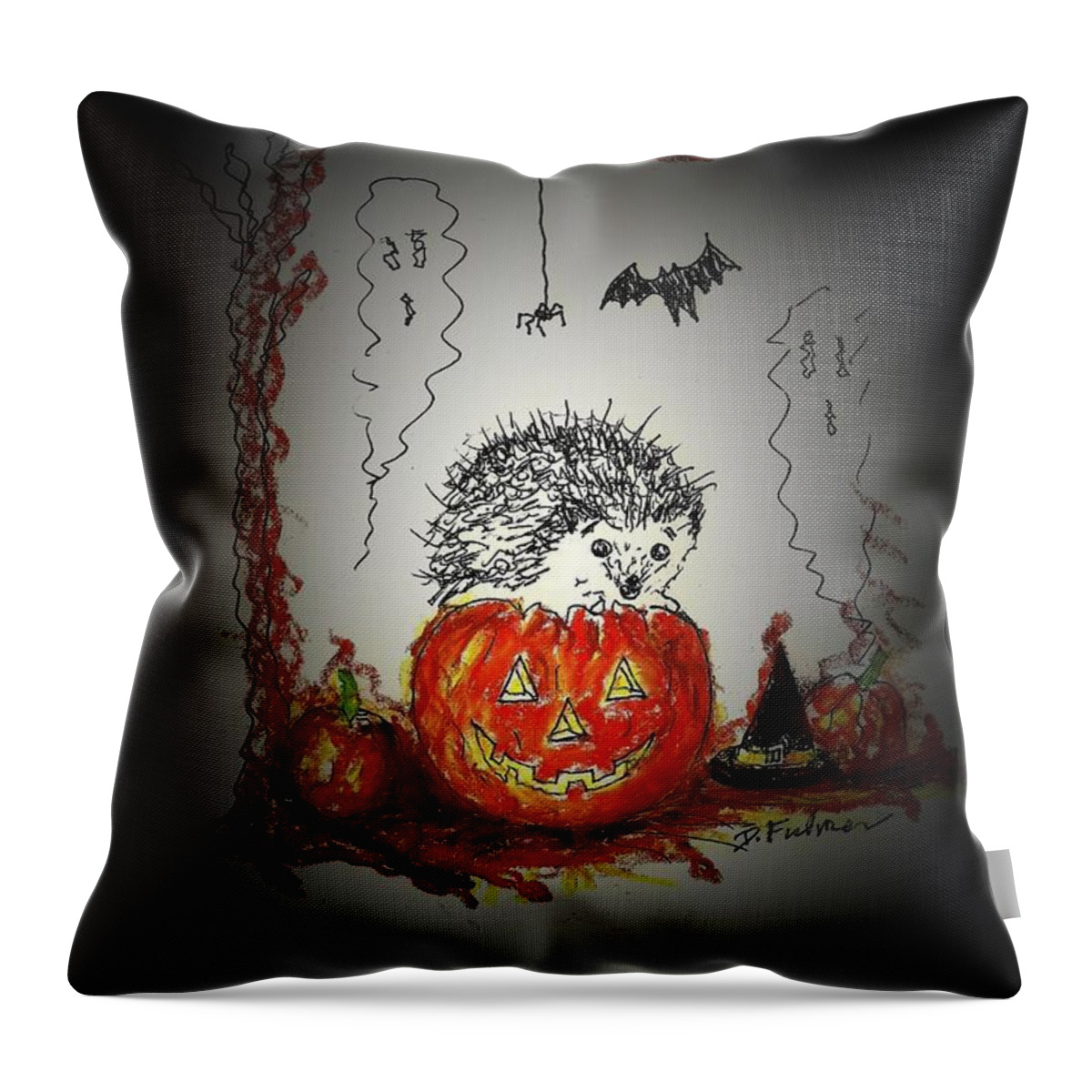 Hedgehog Throw Pillow featuring the mixed media Spooky Hedgehog Halloween by Denise F Fulmer