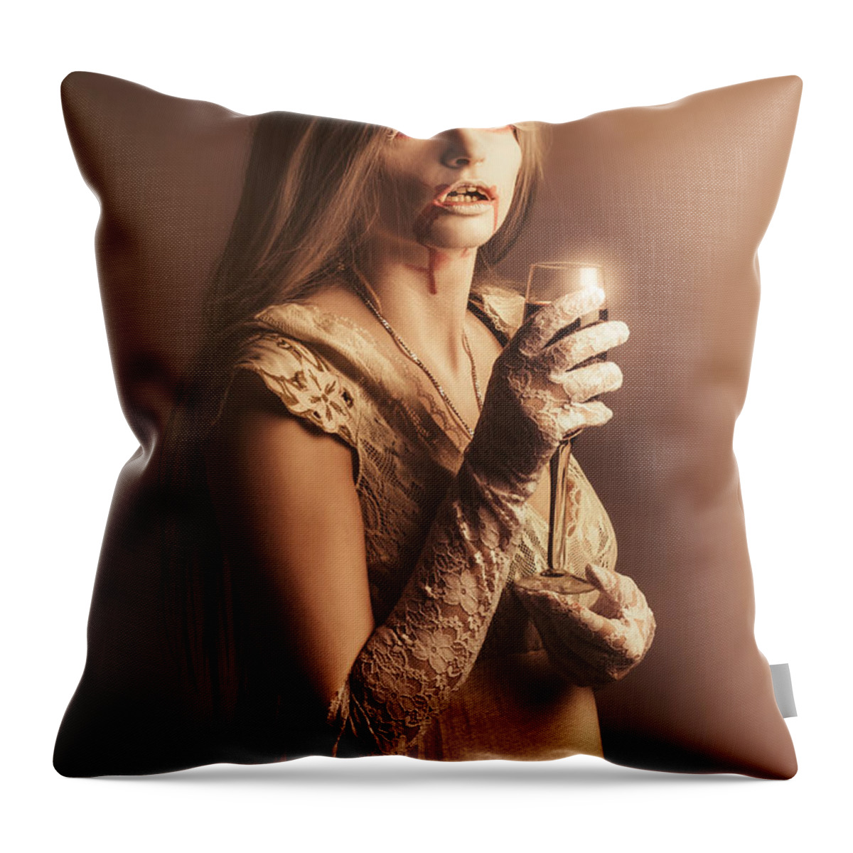 Vampire Throw Pillow featuring the photograph Spooky vampire girl drinking a glass of red wine by Jorgo Photography