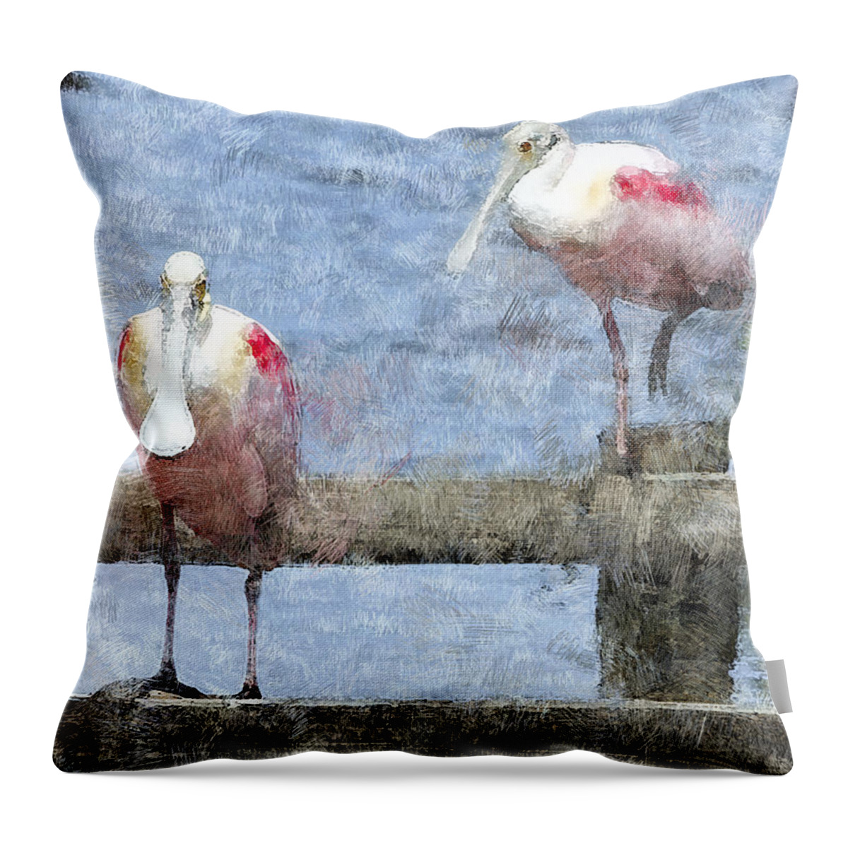 Roseate Spoonbill Throw Pillow featuring the photograph Spoonbills Hanging Out by Betty LaRue