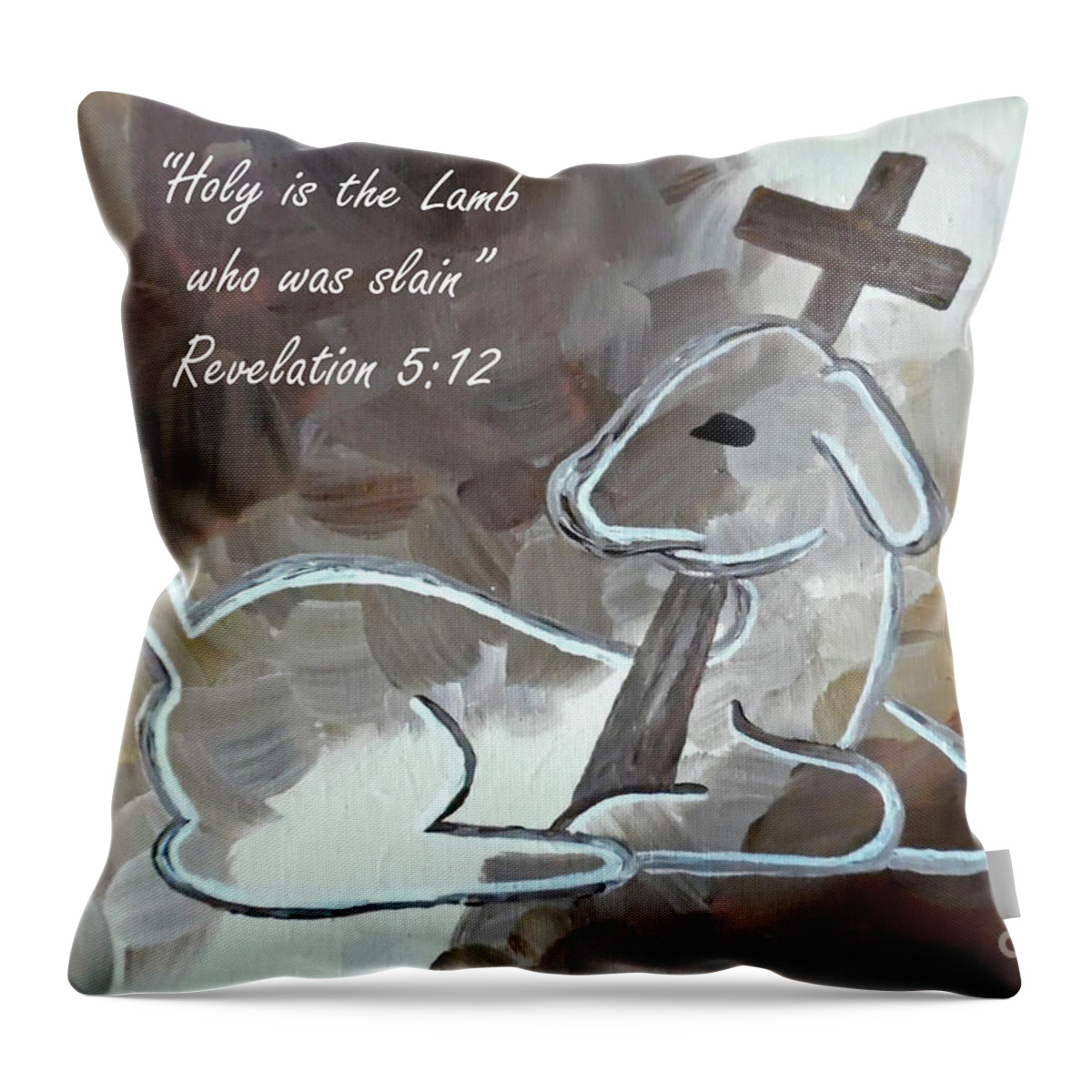 Holy Lamb Biblical Throw Pillow featuring the painting Spotless Lamb with Scripture by Jilian Cramb - AMothersFineArt