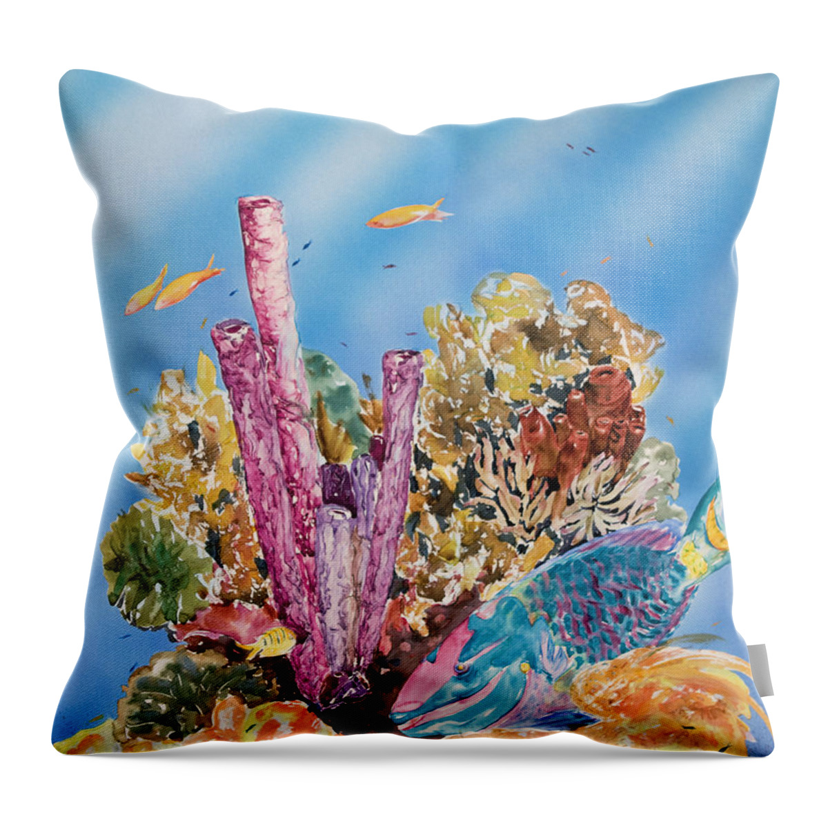 Animal Art Throw Pillow featuring the painting Spotlight Parrotfish by Tanya L Haynes - Printscapes