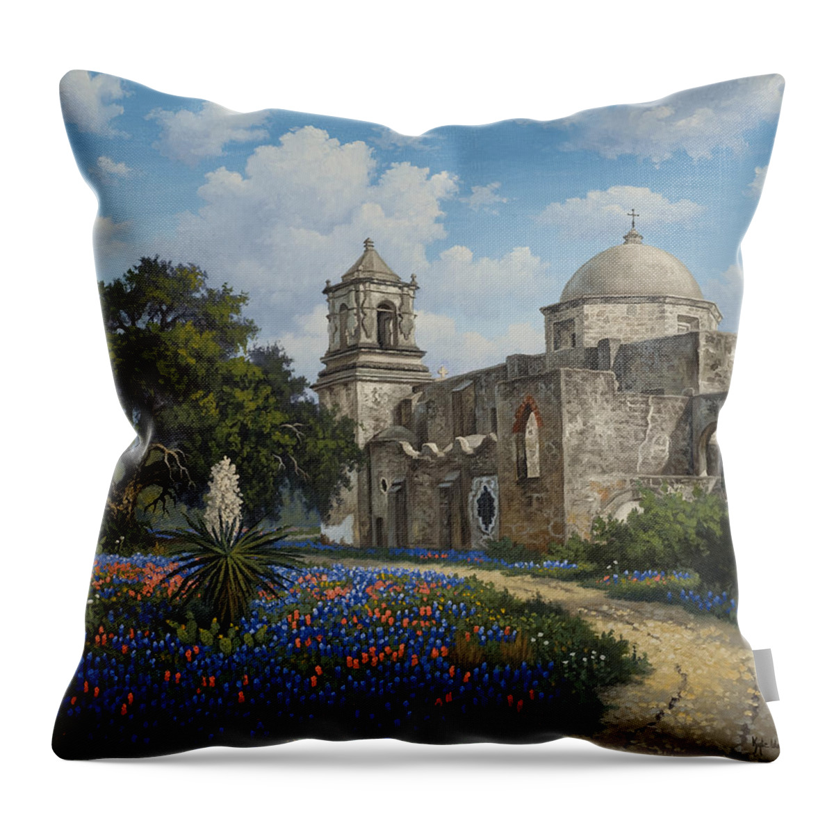Texas Mission Throw Pillow featuring the painting Spring at San Jose by Kyle Wood