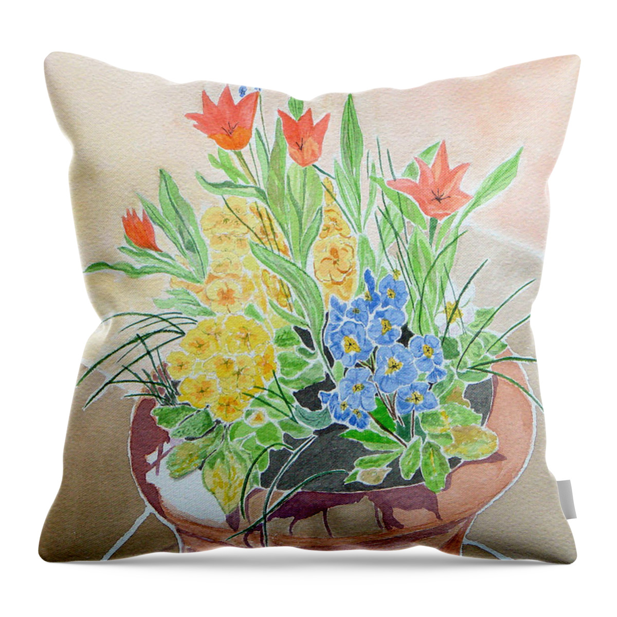 Spring Flowers Throw Pillow featuring the painting Spring Flowers in Pot by Yvonne Johnstone