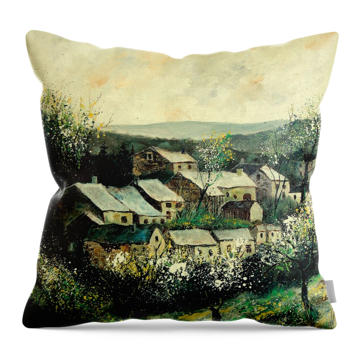 Spring Throw Pillow featuring the painting Spring in the Ardennes Belgium by Pol Ledent