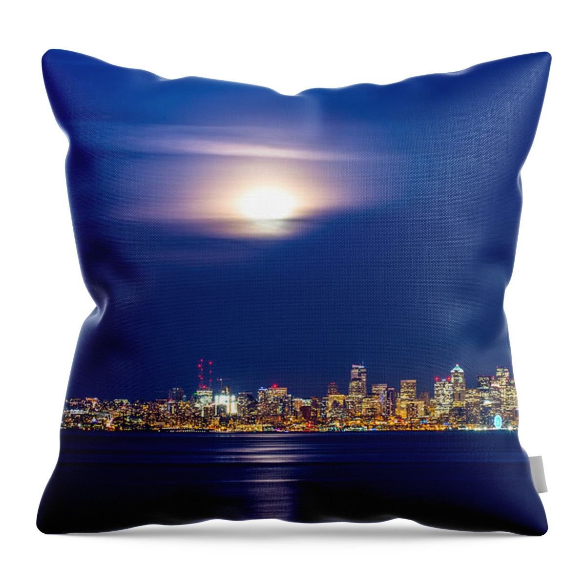 Spring Moon Throw Pillow featuring the photograph Spring moon with Seattle down town by Hisao Mogi