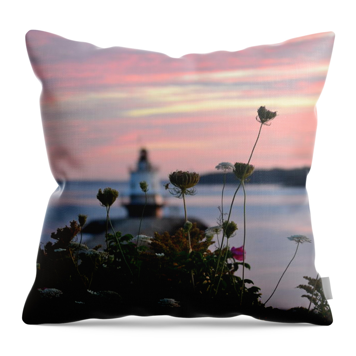 Spring Point Ledge Lighthouse Throw Pillow featuring the photograph Pink Sky Flowers by Colleen Phaedra