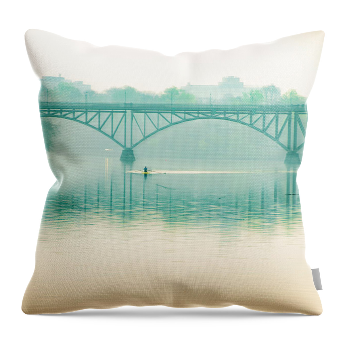 Spring Throw Pillow featuring the photograph Spring - Rowing under the Strawberry Mansion Bridge by Bill Cannon