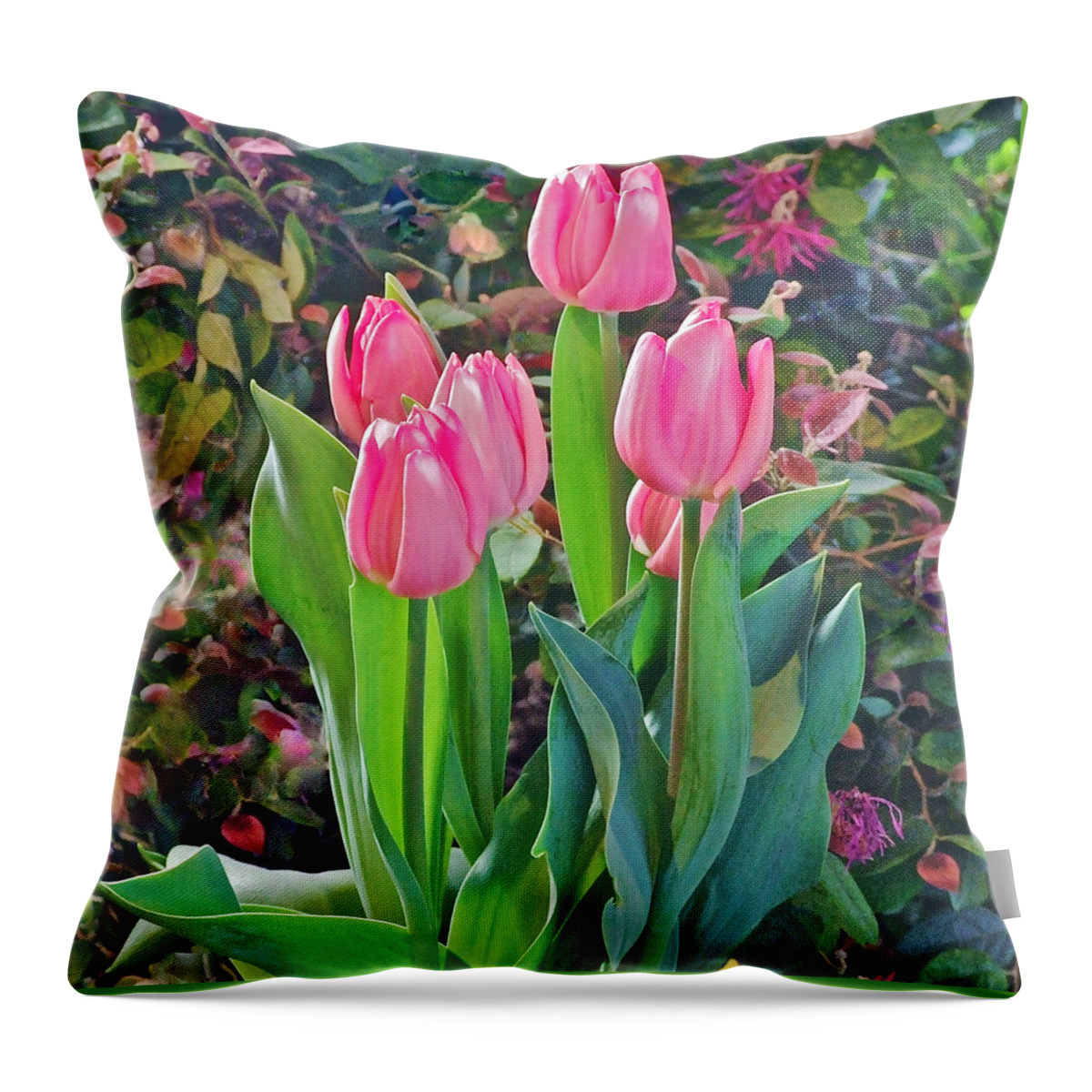 Tulips Throw Pillow featuring the photograph Spring Show 14 Pink Tulips by Janis Senungetuk