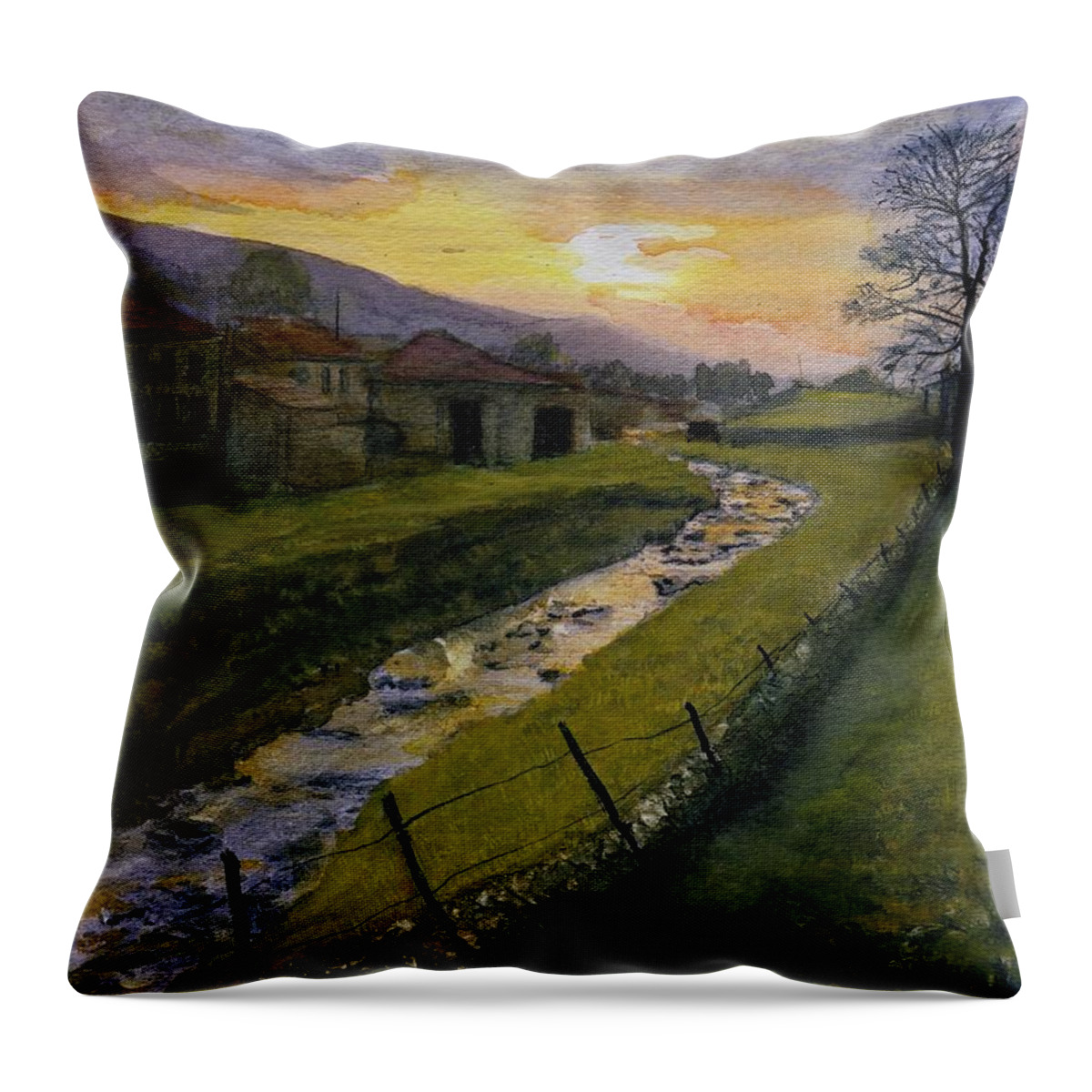 England Throw Pillow featuring the painting Spring Sun Rise Muker by Randy Sprout