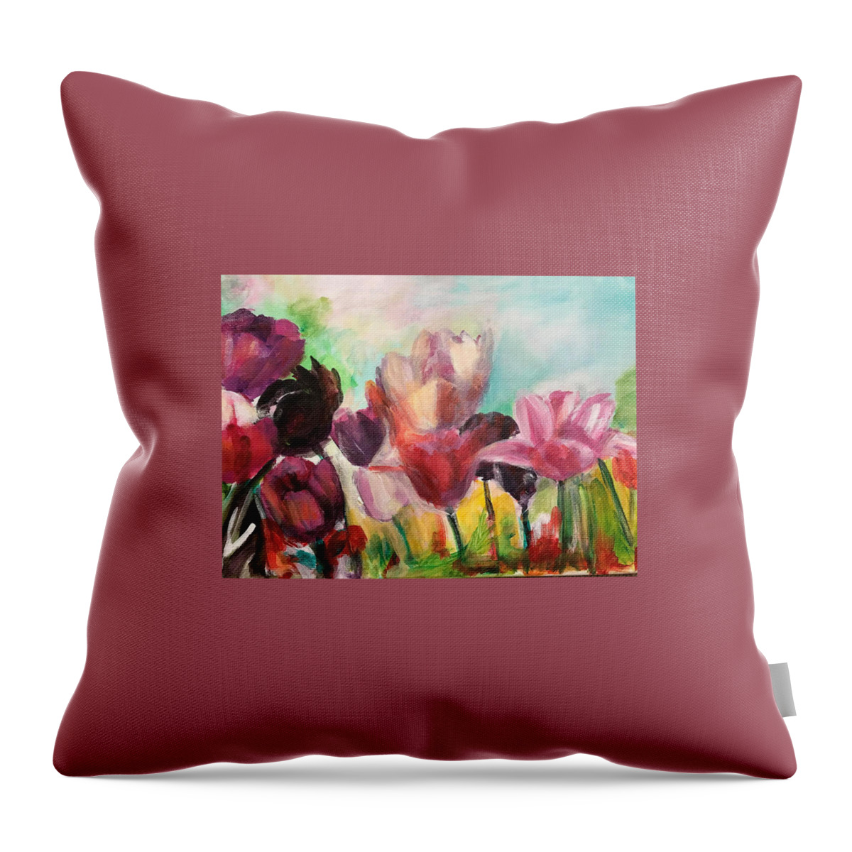 Tulips Throw Pillow featuring the painting Spring Tulips by Denice Palanuk Wilson