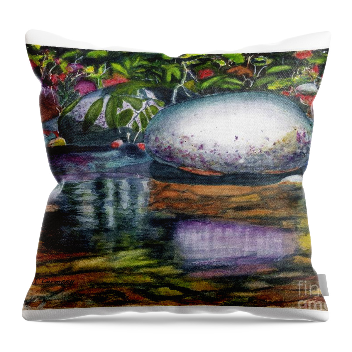 Rocks Throw Pillow featuring the painting Reflections by Sue Carmony
