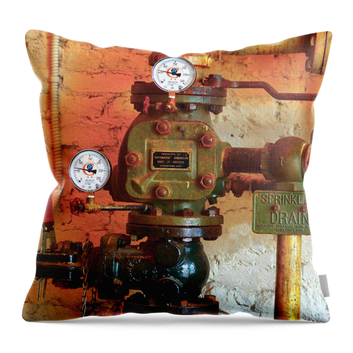 Vintage.sprinkler Throw Pillow featuring the photograph A Spinkle in Time Sprinkler Guages by Lesa Fine