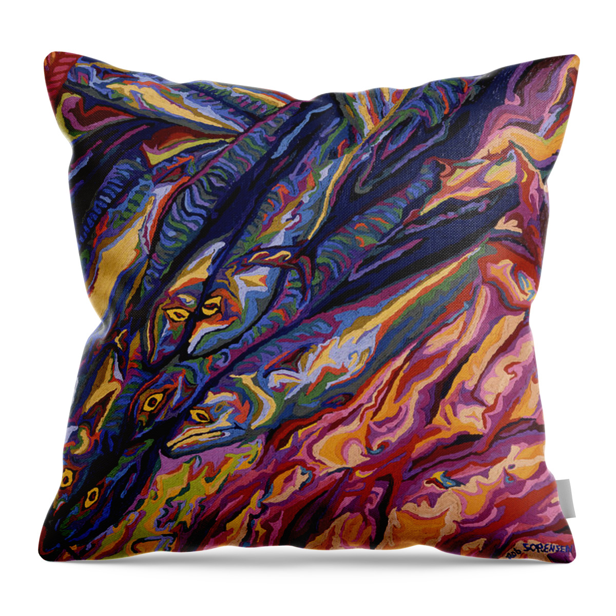 Seafood Throw Pillow featuring the painting Squid And Mackeral by Robert SORENSEN