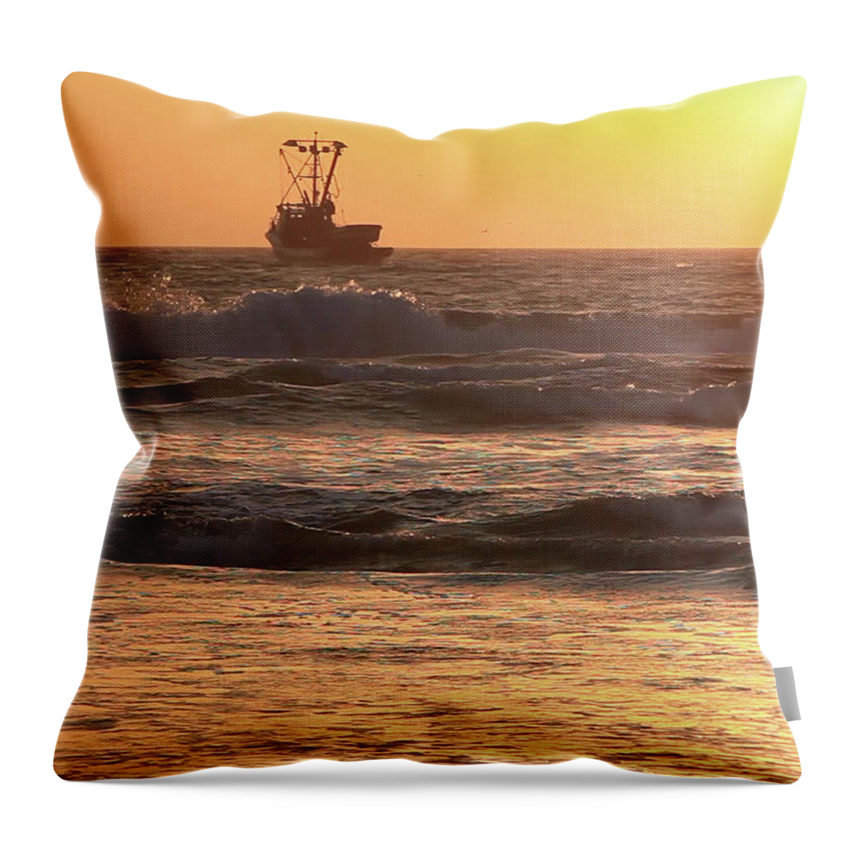 Sunset Throw Pillow featuring the photograph Squid Boat Golden Sunset by John A Rodriguez