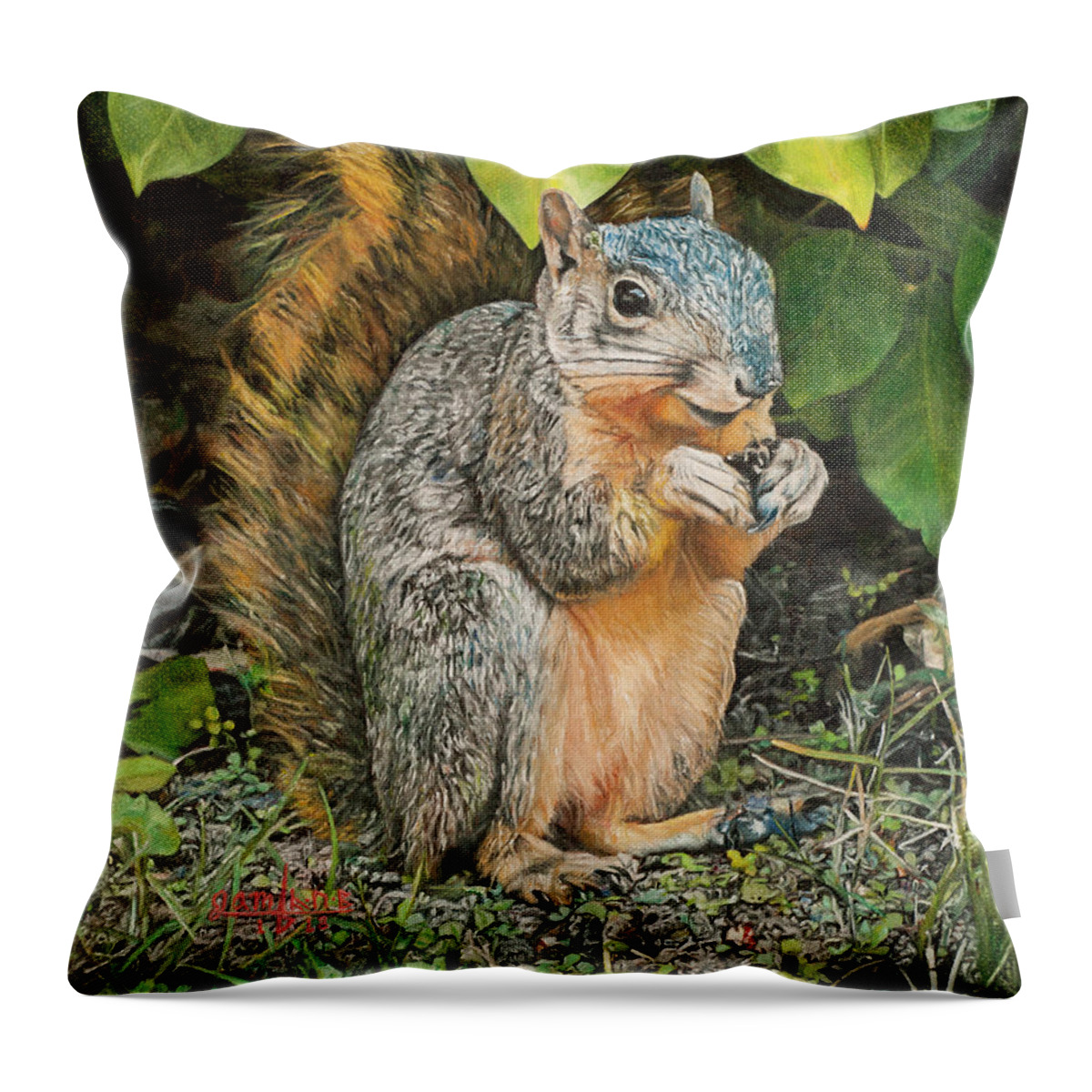Squirrel Throw Pillow featuring the painting Squirrel Under Bush by Joshua Martin