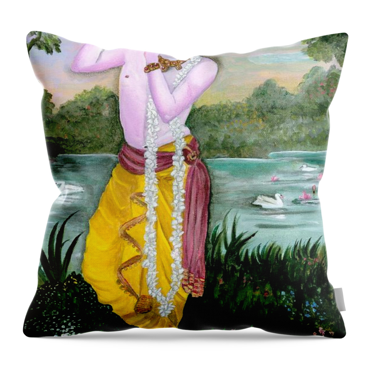 Krishna Throw Pillow featuring the painting The divine flute player, Sri Krishna by Tara Krishna