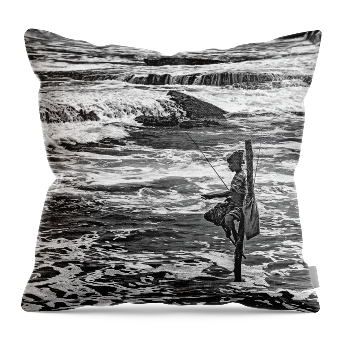 India Throw Pillow featuring the photograph Sri Lanka - Stilt Fisherman 2 bw by Steve Harrington