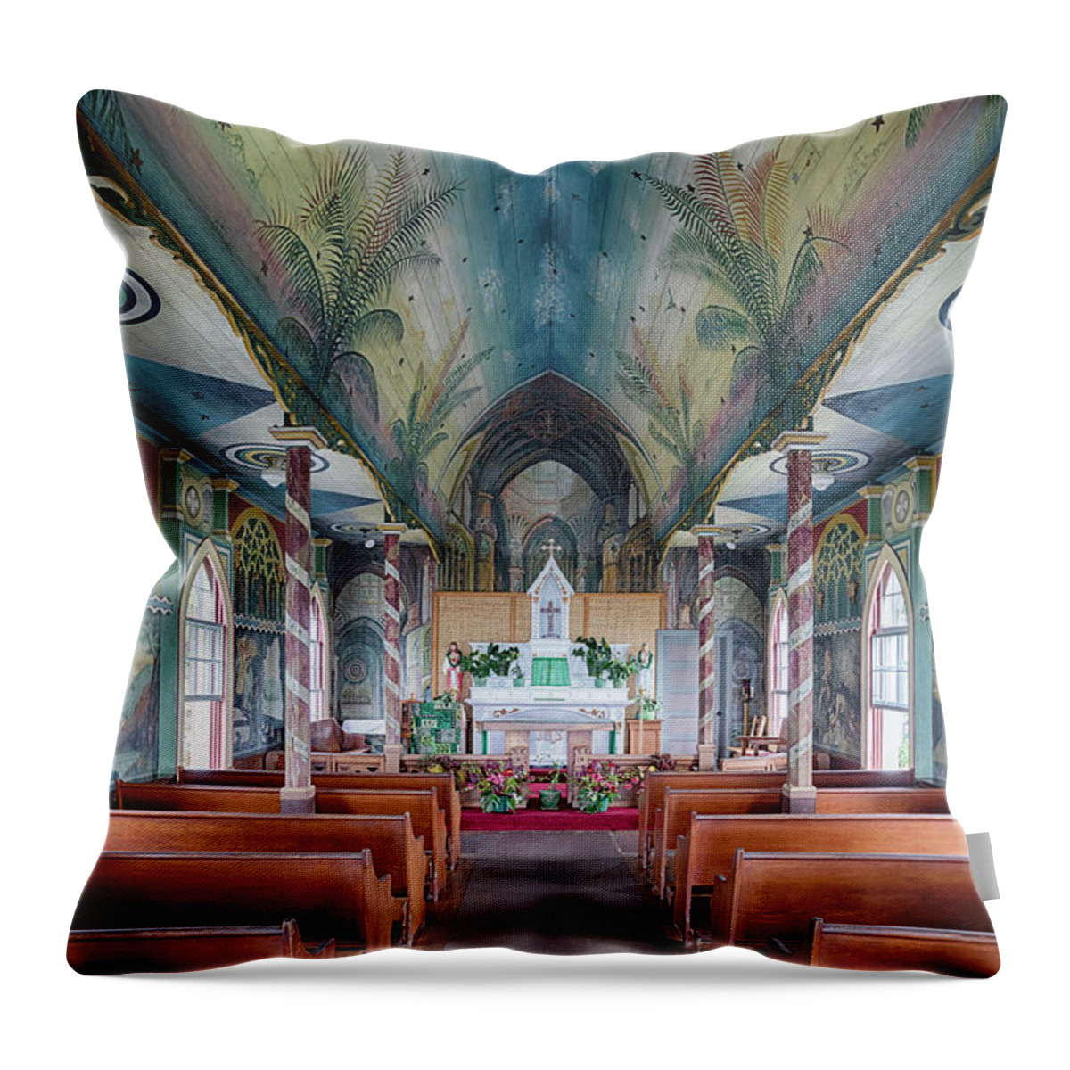 St. Benedict Church Throw Pillow featuring the photograph St. Benedict Painted Church Interior 2 by Susan Rissi Tregoning
