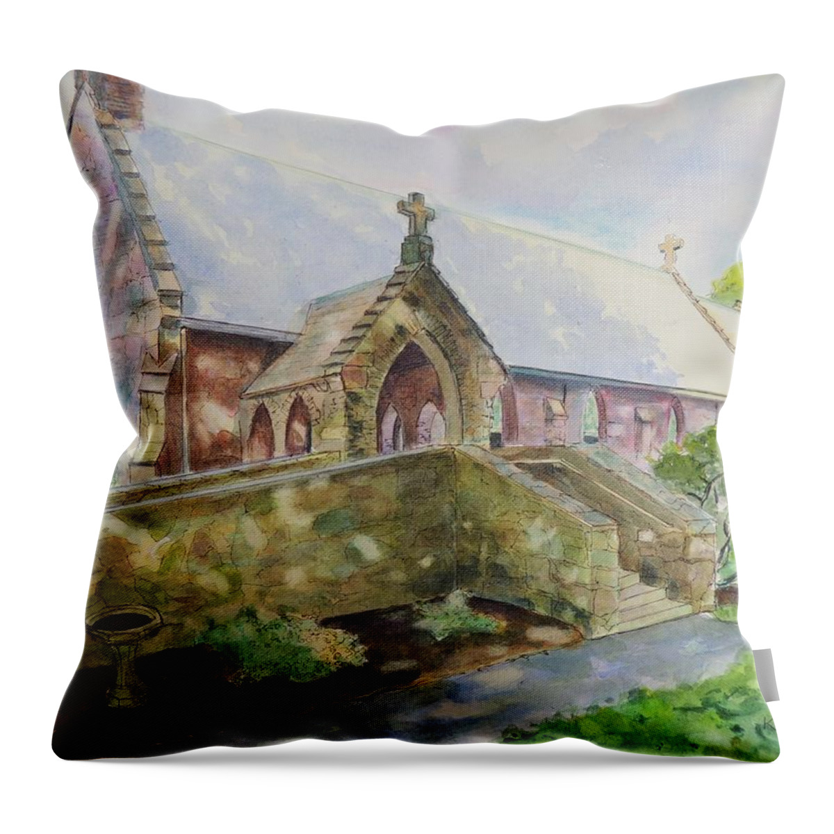 Newport Throw Pillow featuring the painting St. Columba's Episcopal Chapel Middletown RI by Patty Kay Hall