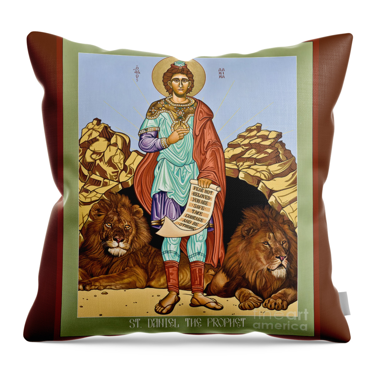 St. Daniel In The Lion's Den Throw Pillow featuring the painting St. Daniel in the Lion's Den - LWDLD by Lewis Williams OFS