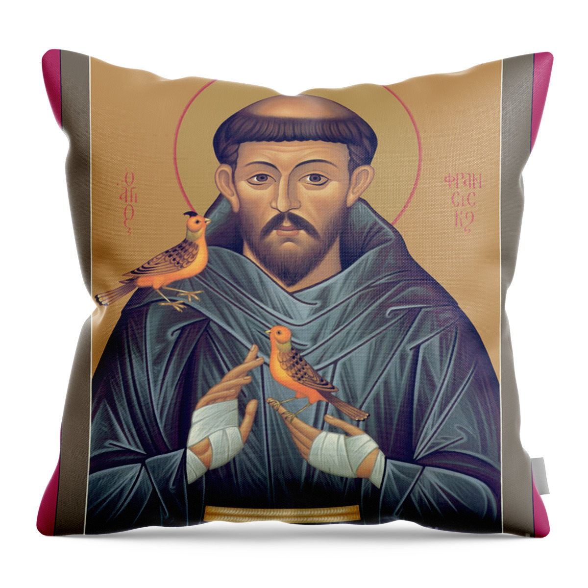 St. Francis Of Assisi Throw Pillow featuring the painting St. Francis of Assisi - RLFOB by Br Robert Lentz OFM