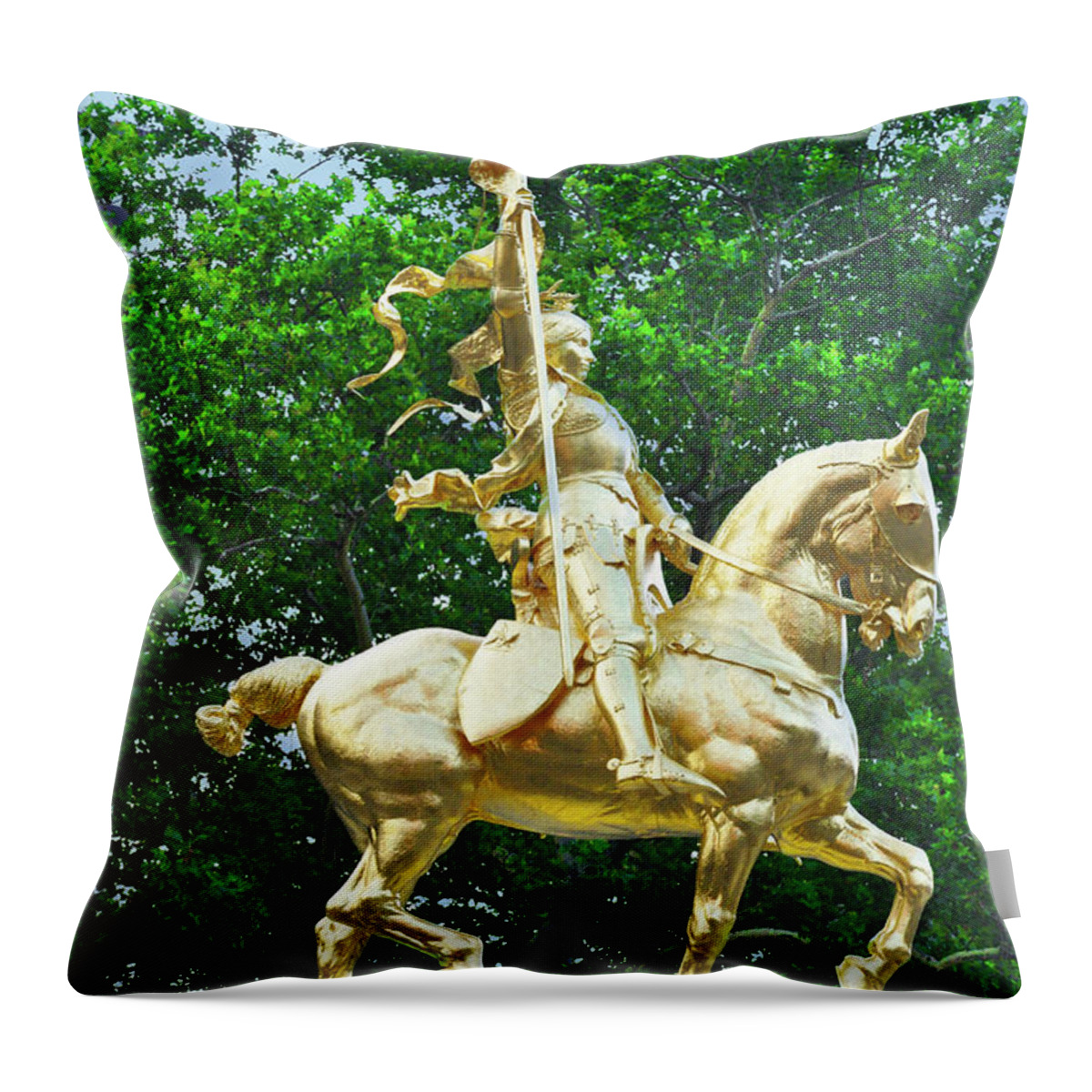 Joan Throw Pillow featuring the photograph St Joan of Arc Statue - Philadelphia by Bill Cannon