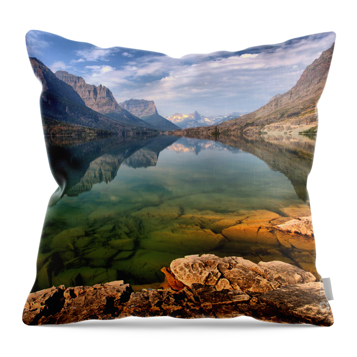 St Mary Lake Throw Pillow featuring the photograph St Mary Emerald Green Waters by Adam Jewell