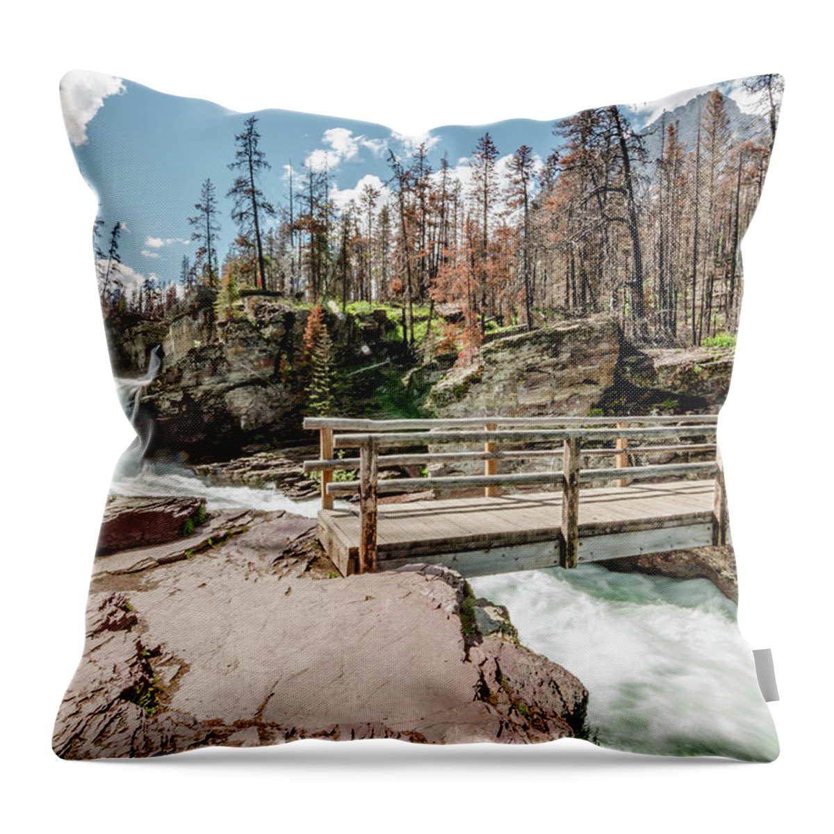 Glacier Throw Pillow featuring the photograph St. Mary Falls with Bridge by Margaret Pitcher