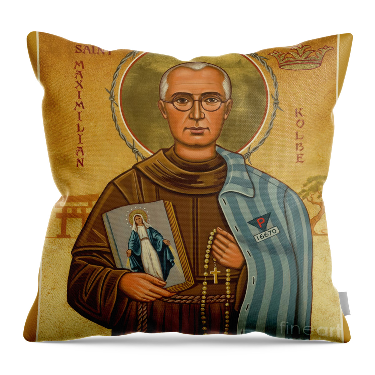 St. Maximilian Kolbe Throw Pillow featuring the painting St. Maximilian Kolbe - JCKOL by Joan Cole
