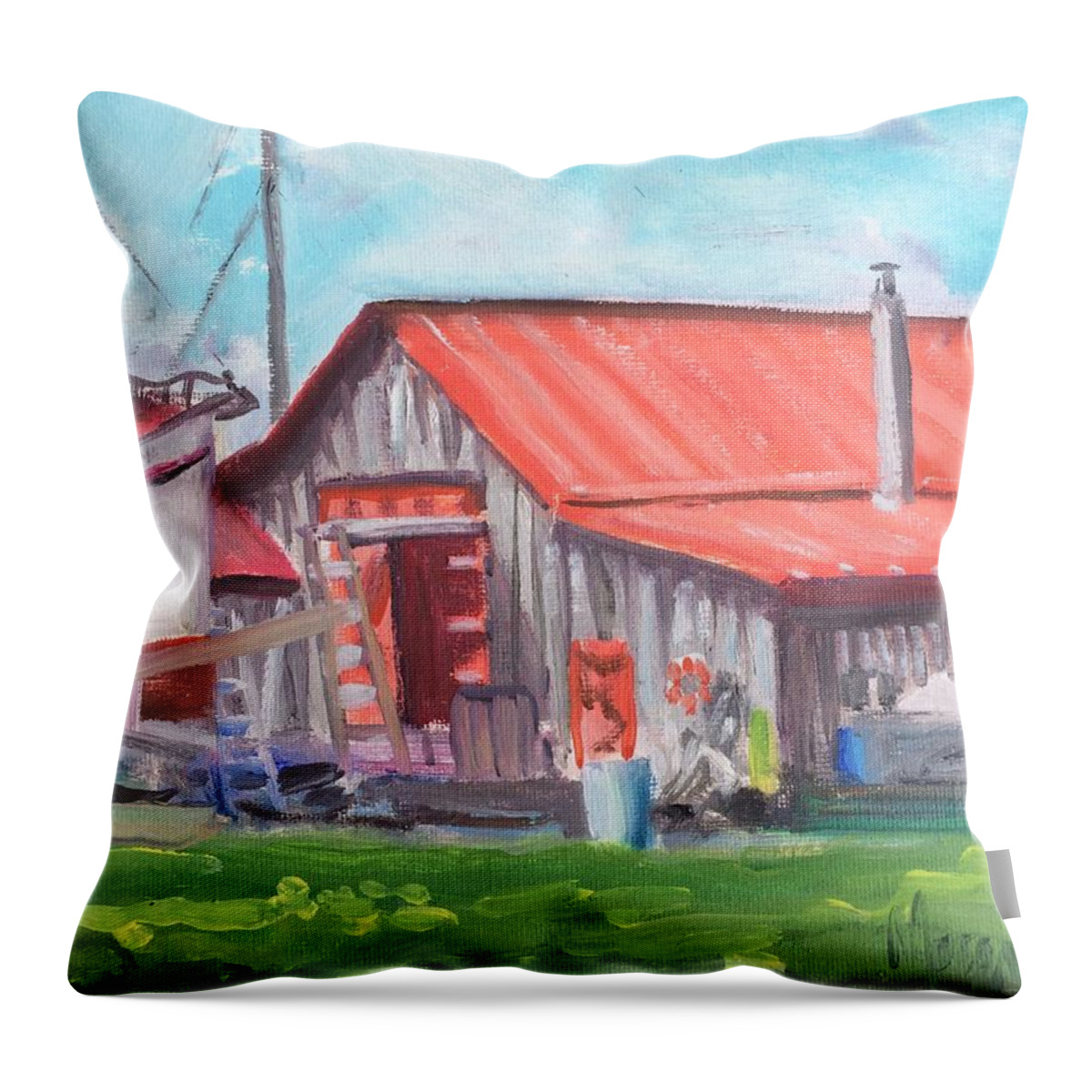 Boat Boats St Michaels Md Maritime St. Michaels Maritime Museum Boatyard Throw Pillow featuring the painting St. Michaels Maritime Museum by Maggii Sarfaty