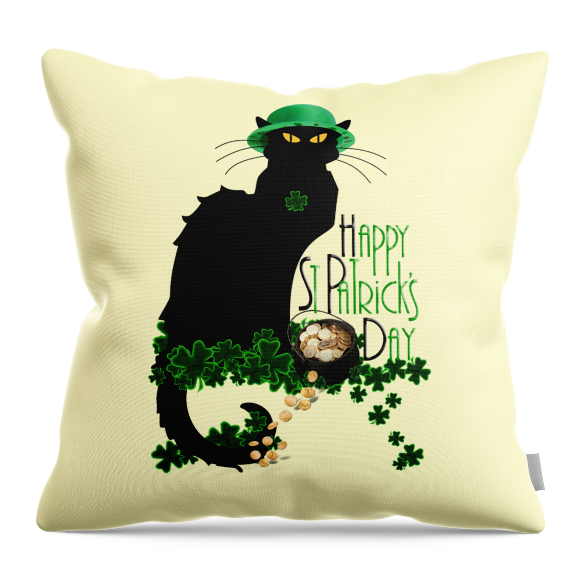 St Patrick's Day Throw Pillow featuring the digital art St Patrick's Day - Le Chat Noir by Gravityx9 Designs