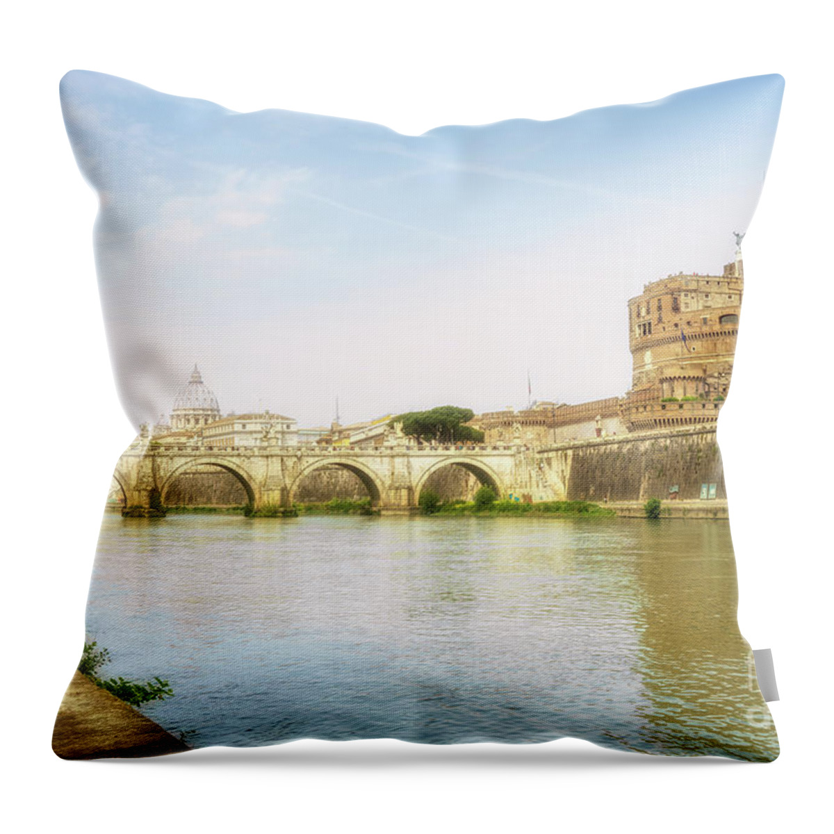 Castle Of Holy Angel Throw Pillow featuring the photograph St Peter's Basilica and Castel Sant Angelo Rome by Ann Garrett