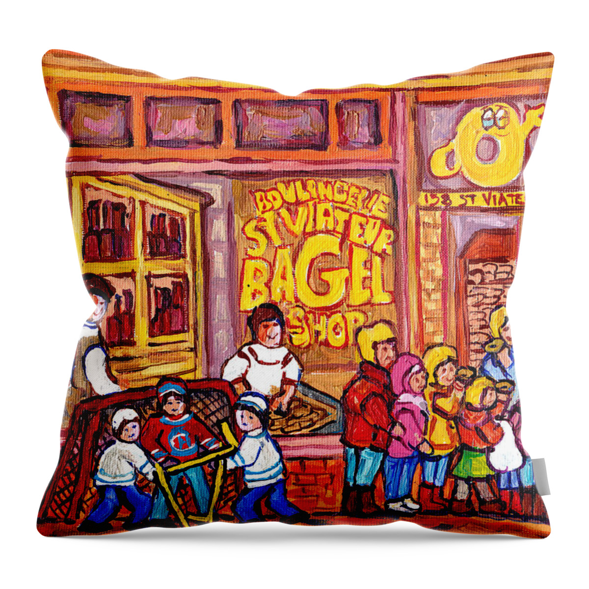 Montreal Throw Pillow featuring the painting St Viateur Bagel Shop Montreal Art Kids And Bagels Hockey Fun C Spandau Canadian City Scene Painting by Carole Spandau