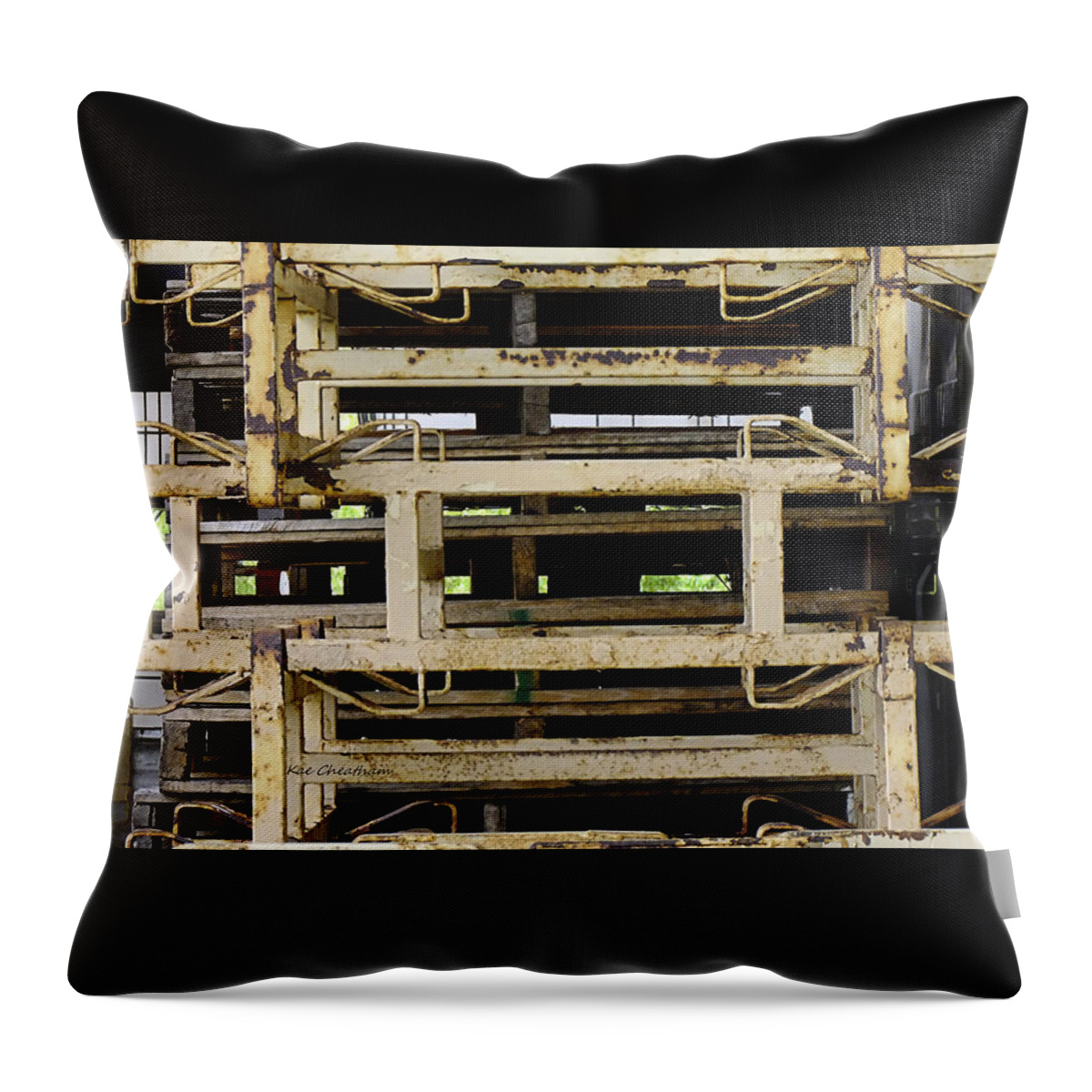 Metal Units Throw Pillow featuring the photograph Stacked Metal Pallets by Kae Cheatham