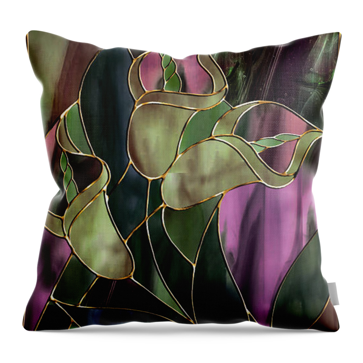 Stained Glass Throw Pillow featuring the painting Stained Glass Khaki Callas by Mindy Sommers