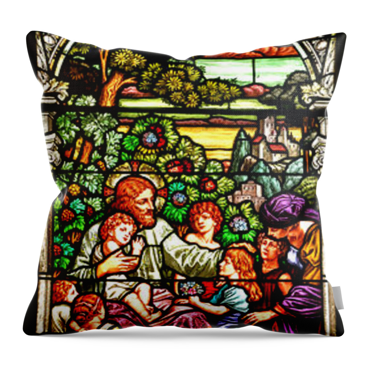 Cathedral Of The Plains Throw Pillow featuring the photograph Stained Glass Scene 12 Crop by Adam Jewell