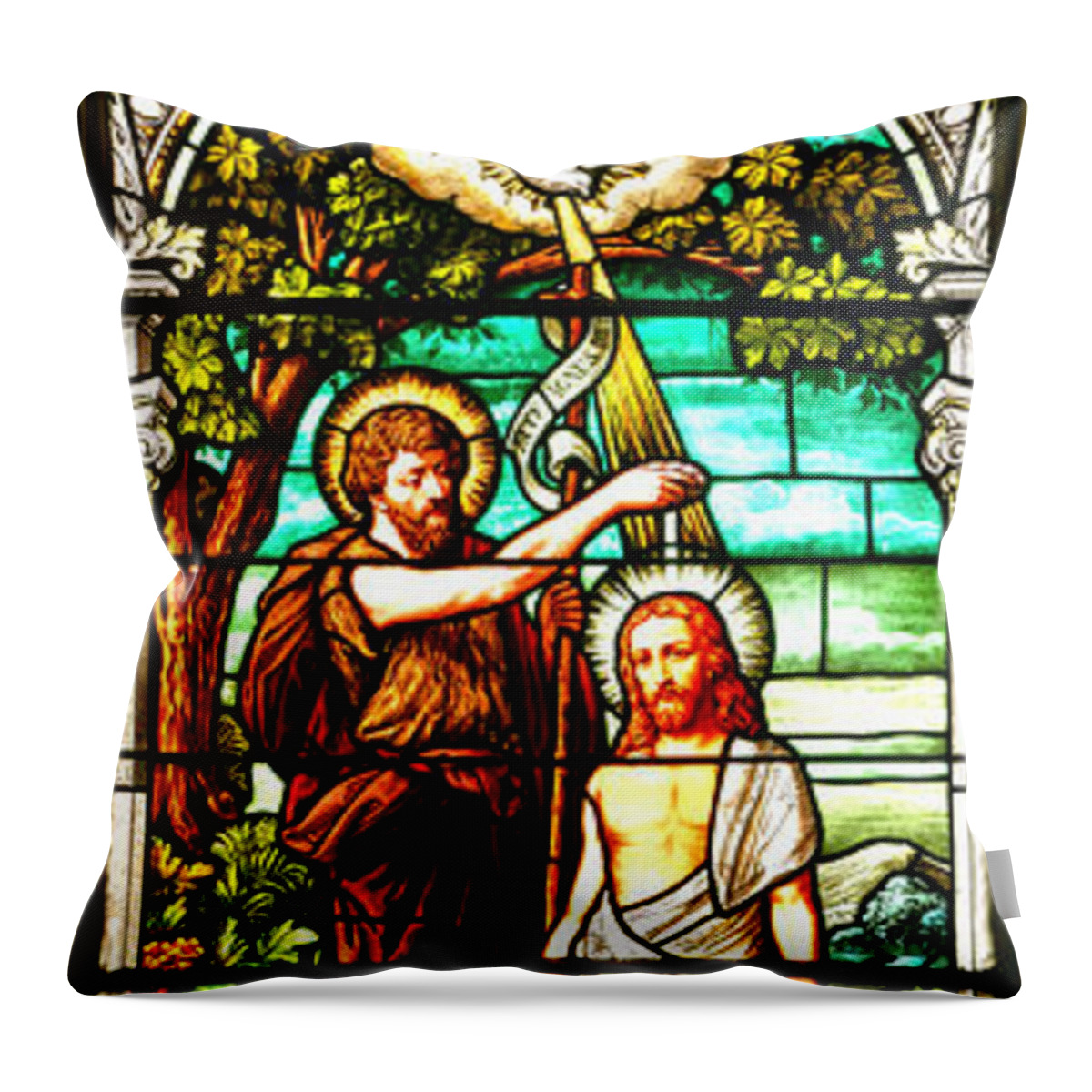 Cathedral Of The Plains Throw Pillow featuring the photograph Stained Glass Scene 2 Crop by Adam Jewell