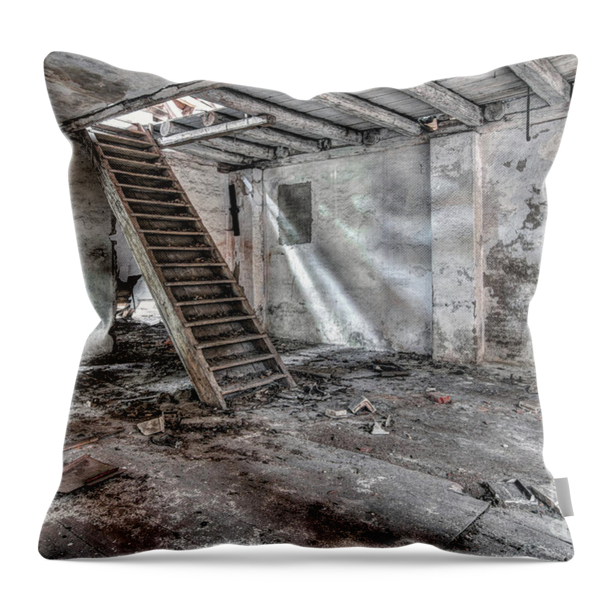 Urbex Throw Pillow featuring the photograph Stair in old abandoned building by Michal Boubin