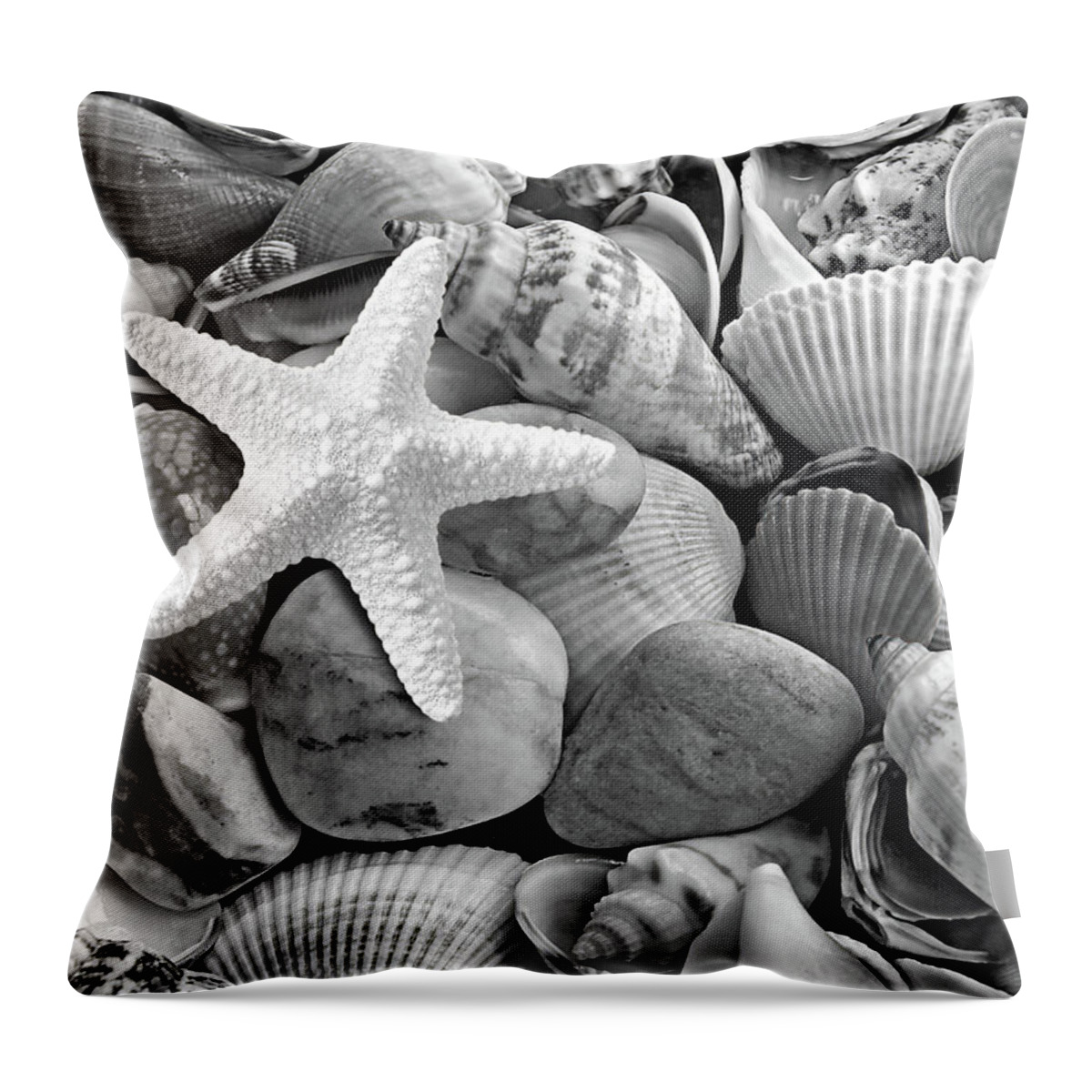 Black And White Seashell Throw Pillow featuring the photograph Starfish with Shells and Pebbles Mono by Gill Billington