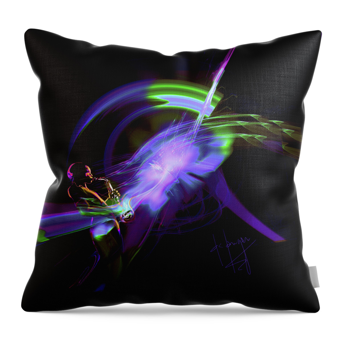Guitar Throw Pillow featuring the painting Starship Saxophone by DC Langer