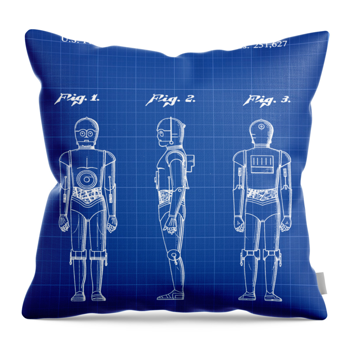 Starwars; C3p0; Patent; 1979; Robot; Star; Wars; Trek; Space; George; Lucas; Bill; Cannon; Photography; R3d2; Skywalker; Darth; Vader Throw Pillow featuring the photograph Starwars C3P0 Blue Print by Bill Cannon