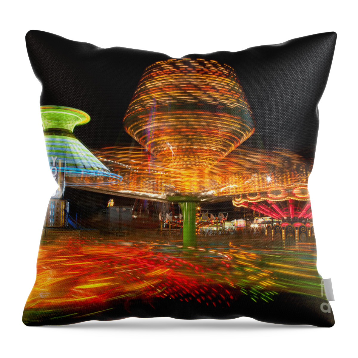Clarence Holmes Throw Pillow featuring the photograph State Fair Rides at Night I by Clarence Holmes