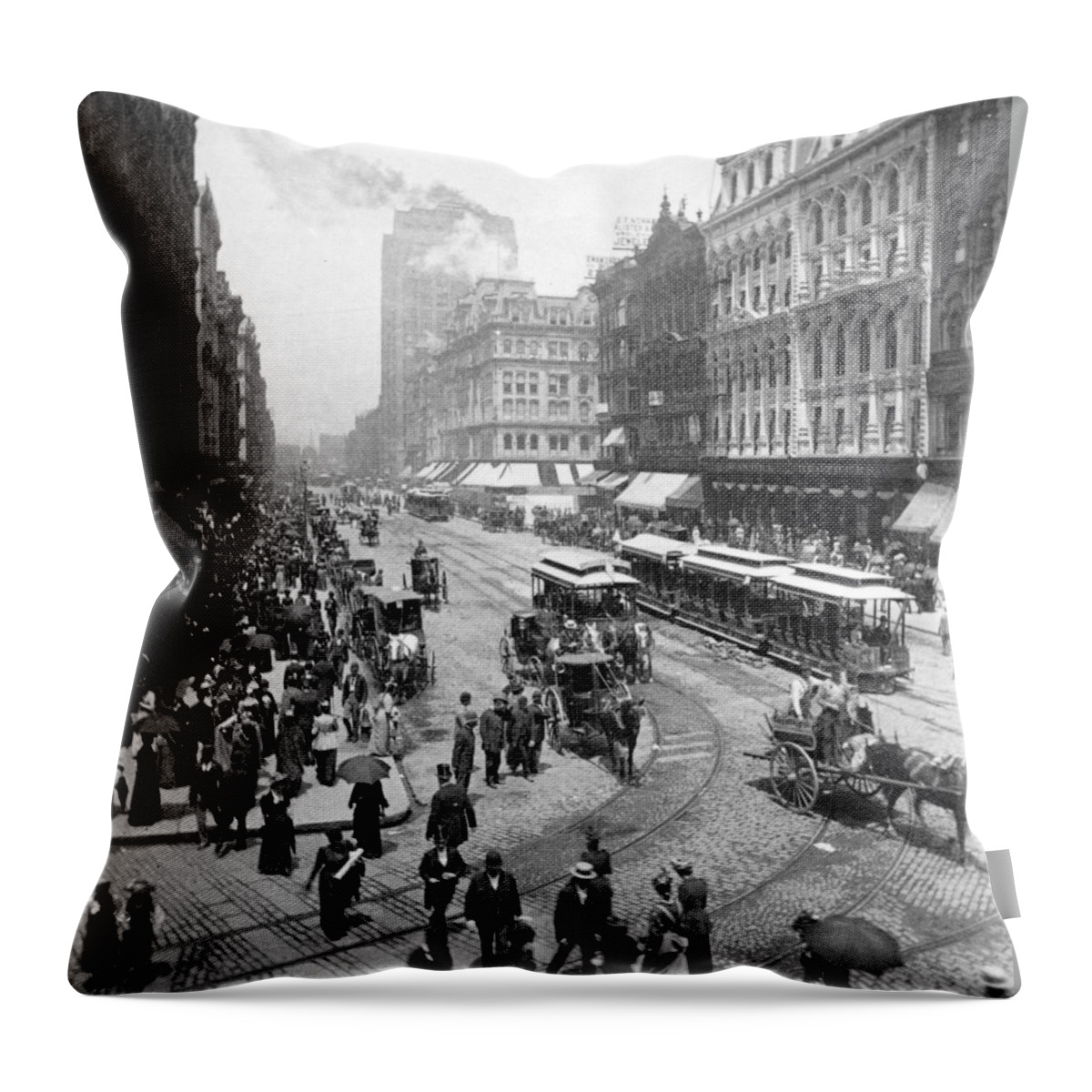 chicago Illinois Throw Pillow featuring the photograph State Street - Chicago Illinois - c 1893 by International Images