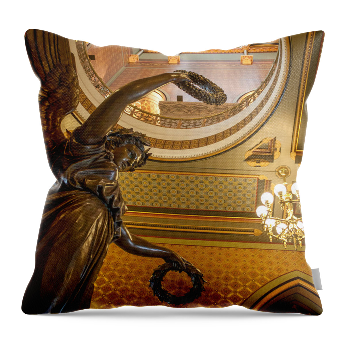 Architecture Throw Pillow featuring the photograph Statue of Genius Vertical by Thomas Marchessault