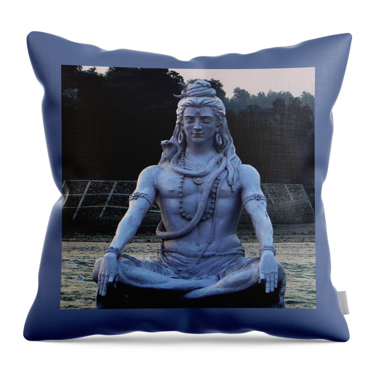 India Throw Pillow featuring the photograph Statue of Lord Shiva on the banks of Ganga at Rishikesh by Iqbal Misentropy