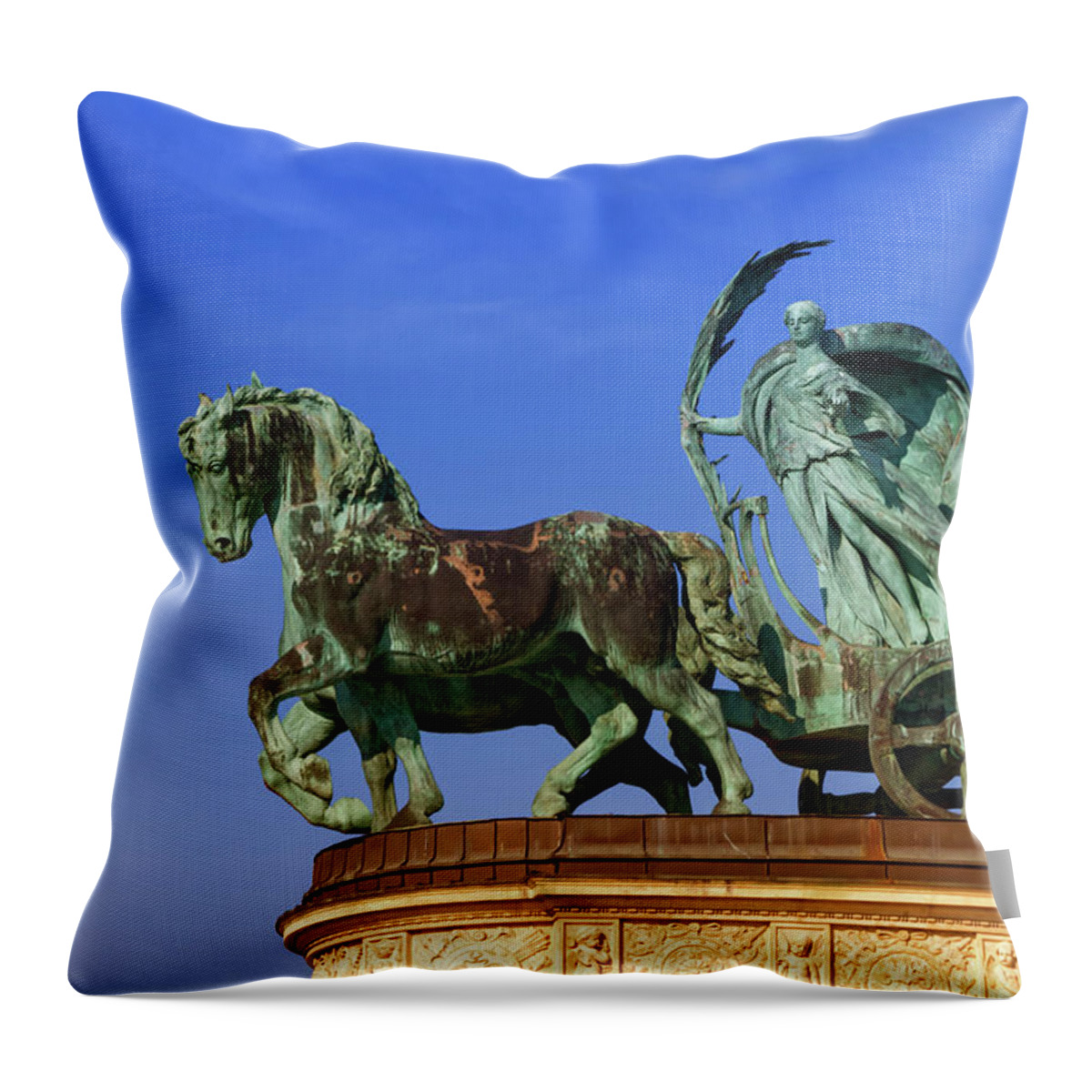 Monument Throw Pillow featuring the photograph Statue representing Peace, a woman holding a palm frond on a cha by Elenarts - Elena Duvernay photo