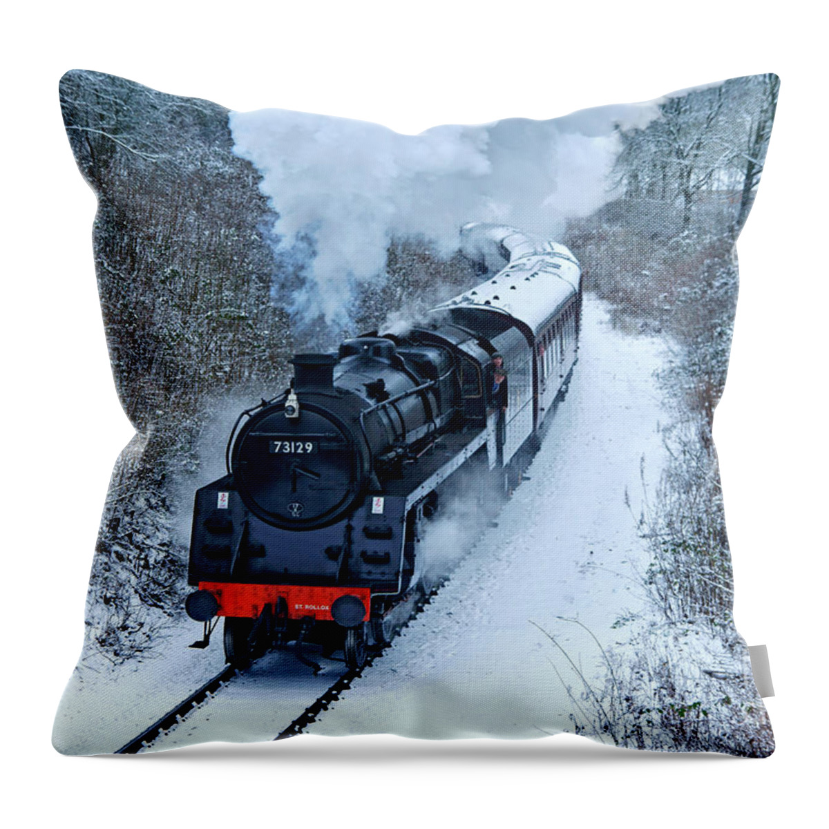 Steam Throw Pillow featuring the photograph Steam Locomotive 73129 In Snow by David Birchall