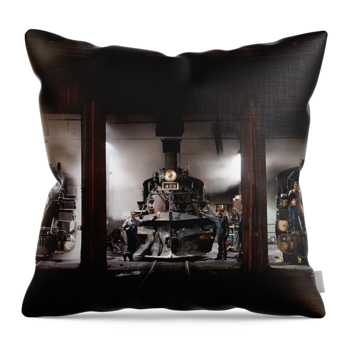 Carol M. Highsmith Throw Pillow featuring the photograph Steam locomotives in the train yard of the Durango and Silverton Narrow Gauge Railroad in Durango by Carol M Highsmith